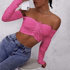 SHEIN Hot Pink Off-Shoulder Ruched Long Sleeve Crop Top